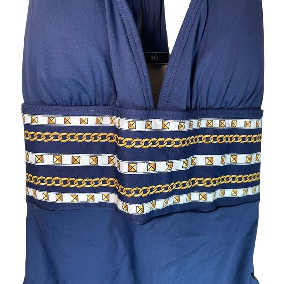 Michael Kors Halter One Piece Swimsuit - Chain Print‎ Border Navy Size 6 NWT - Picture 5 of 16